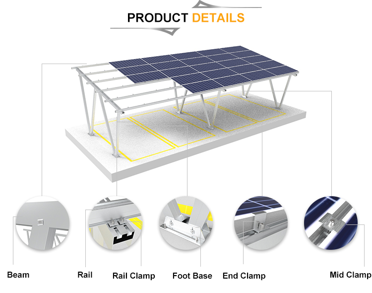 Abri d'auto solaire rayonnant le système de support d'abri de voiture de picovolte de structure de stationnement en aluminium solaire