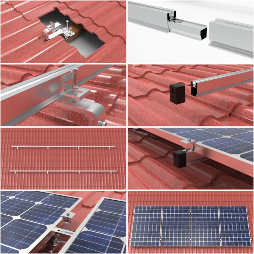 Installation du syst&egrave;me de montage solaire sur toit en tuiles R121 avec crochets de toit, rails et pinces