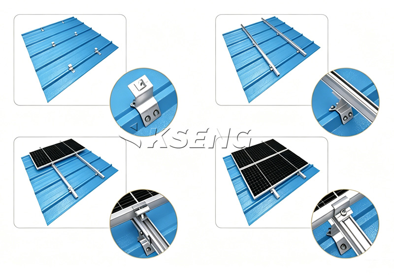 Sch&eacute;ma des &eacute;tapes d'installation de la pince solaire de toit en m&eacute;tal trap&eacute;zo&iuml;dal de type perceuse Kseng, processus d'assemblage du syst&egrave;me de montage PV boulonn&eacute; avec luminaire AL6005-T5 et mat&eacute;riel SUS304